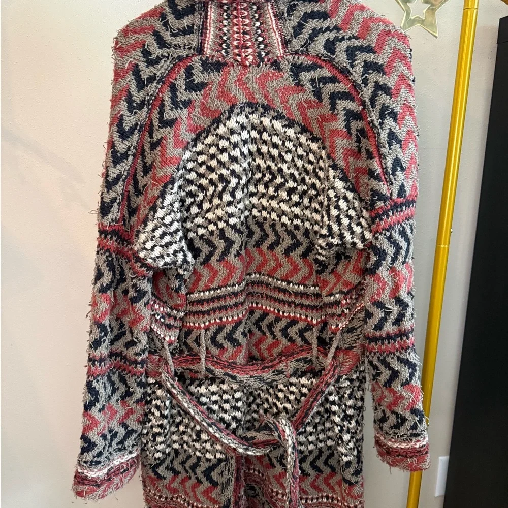 Free People Geometric Hooded Belted Duster Cardigan Boho Knit Size S - Picture 2 of 6